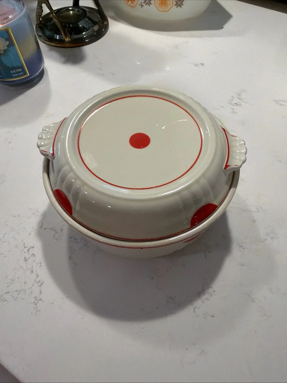 Vintage Hall White Ceramic Covered Casserole Dish  Red Polka Dot Accents